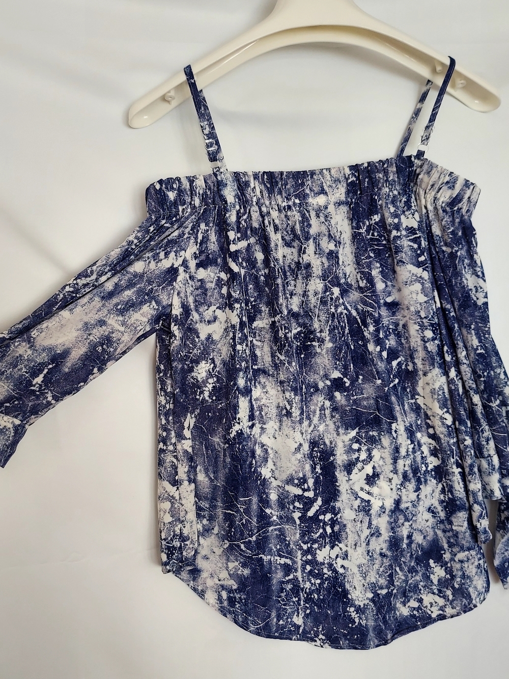 Blue Marble-Print Cold-Shoulder Blouse with Adjustable Straps - Picture 7 of 7